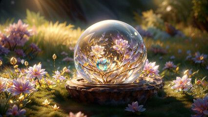 A crystal ball with beautiful flowers on a wooden stand is in a forest glade.  The fairy flowers are inside the ball and around it. - obrazy, fototapety, plakaty