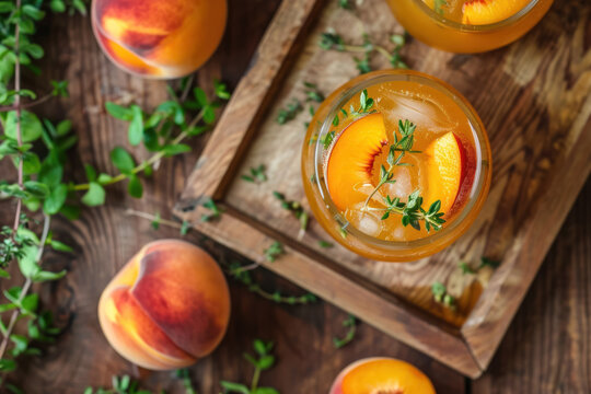 refreshing peach iced tea with fresh fruit slices and thyme