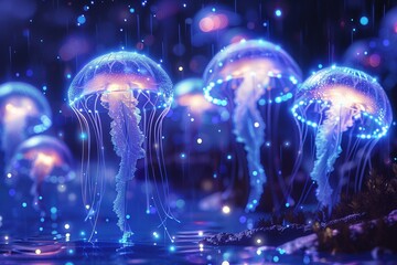 A mesmerizing scene of jellyfish drifting with the gentle ocean currents, lit by the bioluminescent glow of fellow creatures, mediumshot angle, mystical atmosphere, pixel art - obrazy, fototapety, plakaty