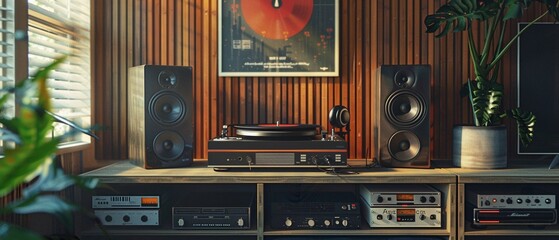 A stylish record player takes center stage, flanked by a set of modern headphones, with a retroinspired poster adorning the wall behind it The entire scene is brought to life in stunning 3D - obrazy, fototapety, plakaty