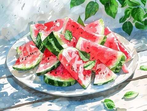 A platter overflowing with refreshing watermelon slices, dappled sunlight filtering through leaves, mediumshot angle, summery atmosphere, watercolor style , High detail, High resolution,