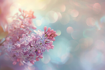 Fototapeta premium Lilacs blooming in a close-up shot on dreamy blurred background, spring season serene background.