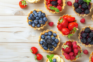assorted fresh fruit tarts with blueberry, raspberry, and strawberry toppings - obrazy, fototapety, plakaty