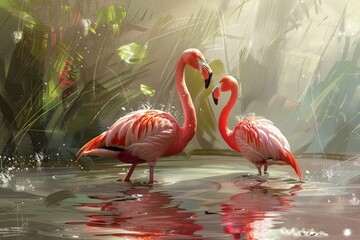 Flamingos gracefully wading in shallow waters, their pink feathers reflecting in the sunlight, wideangle view, tropical vibe, digital painting , High detail, High resolution,