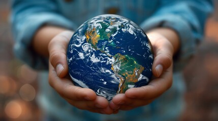 Earth cradled in tender hands, against a soft blue canvas, highlighting the urgency of world protection efforts