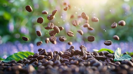Espresso beans and fresh leaves levitating, lavender field backdrop, low angle, ethereal soft focus