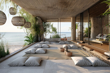 A beachside terrace designed for yoga and meditation, with dedicated spaces for relaxation and mindfulness practice