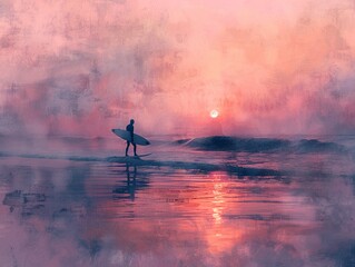 Serene dawn surfing session, lone surfer gliding gracefully on a glassy wave, soft morning light illuminating the scene with pastel hues, distant coastline shrouded in mist - obrazy, fototapety, plakaty