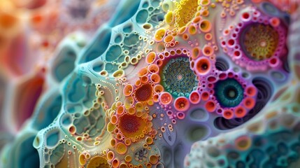 Flowing abstract patterns mimicking cellular structures in vivid colors, showcasing the beauty of microscopic life