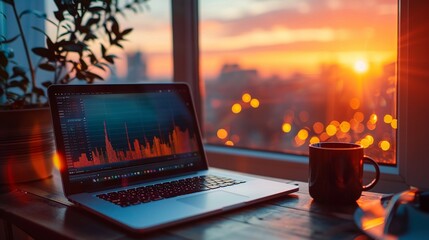 Laptop screen showing stocks peak, coffee at golden hour, ambient light, close focus, tranquil
