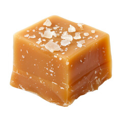 Single salted caramel candy, cube on transparent background. The crystal, milky piece of sugar represents indulgence, wellbeing but also calories. - obrazy, fototapety, plakaty