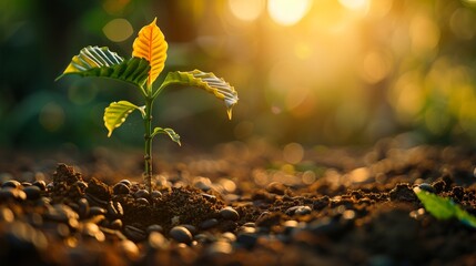 Lightly roasted coffee beans on fertile ground, new sprout at heart, golden hour lighting, closeup, life s cycle