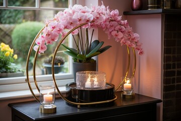 Beautiful blooming orchids on windowsill with glowing candles in cozy home interior