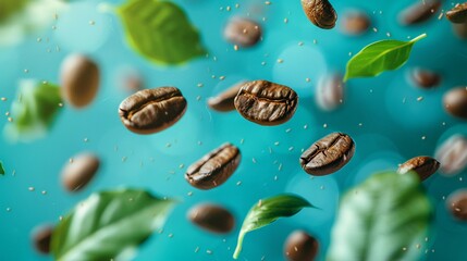 Airborne coffee beans, emerald leaves, vibrant turquoise background, high angle, surreal glow effect