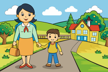 mom and son go to the school on on the village road 