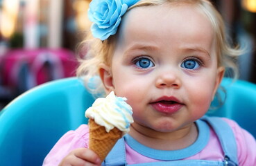 Cute baby girl eats ice cream . banner. Summer vibes. Adorable blue eyed little girl.