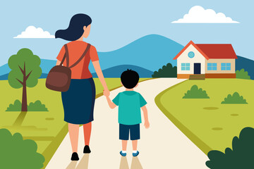 mom and son go to the school on on the village road 