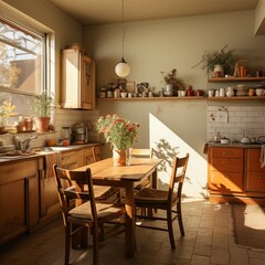 view of a kitchen interior shows a dining table with chairs