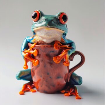A captivating tree frog nestled in a tea cup, enveloped in a glossy orange paint spill, creating an intriguing stock photo against a minimalist backdrop.