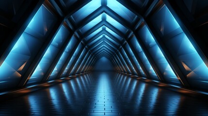 Obraz premium This dynamic tunnel visualization, blue light, adds depth and energy to any space. It draws viewers into a mesmerizing journey through geometric shapes and vibrant hues.