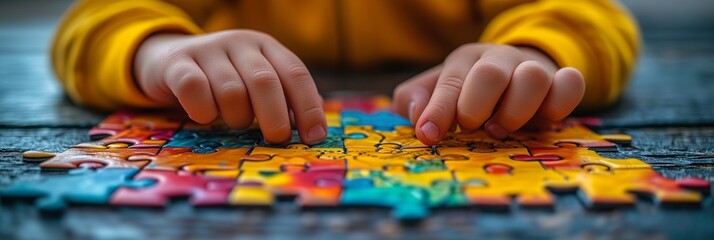 Child's hands piecing together a vibrant jigsaw puzzle on a wooden surface
