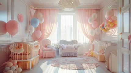 Foto op Canvas Baby shower, soft pastel decorations, joyful anticipation, bright room, afternoon celebration , high detailed © NatthyDesign