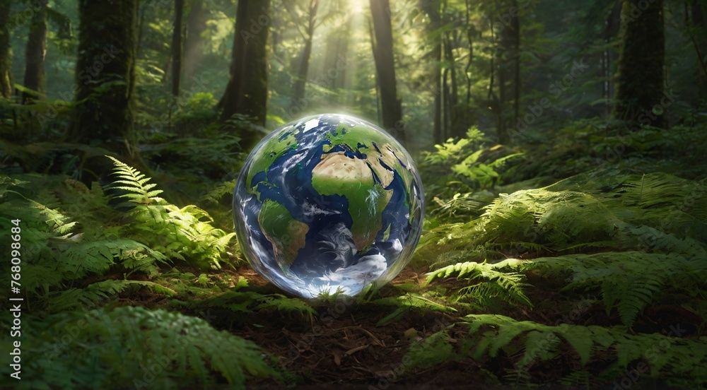 Aufkleber generate a captivating scene depicting a crystal-clear earth resting on soil in a lush forest settin