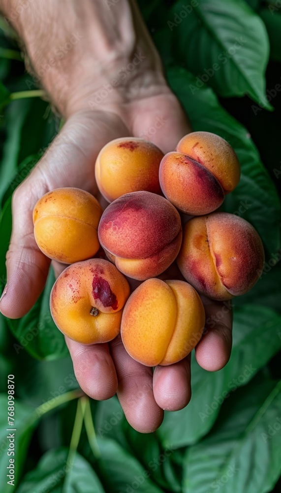 Poster hand holding ripe apricot on blurred background, creating ideal space for text additions
