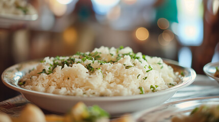  prato de arroz em um mesa no fundo desfocado - obrazy, fototapety, plakaty
