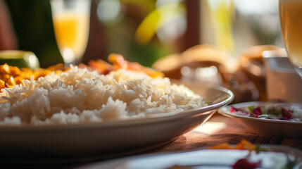  prato de arroz em um mesa no fundo desfocado - obrazy, fototapety, plakaty