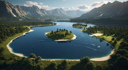 Produce a striking 3D rendering featuring a lake resembling the world's continents nestled within untouched nature. This powerful metaphor symbolizes ecological travel, conservation efforts, climate c
