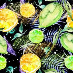 seamless watercolor pattern - hand drawing threads of lemon, Orange, lime  with leaves. Trendy pattern. Painting
Citrus fruits. orange slice, lemon. Branch with citrus fruit. Citrus art background - 768099011