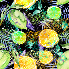 seamless watercolor pattern - hand drawing threads of lemon, Orange, lime  with leaves. Trendy pattern. Painting
Citrus fruits. orange slice, lemon. Branch with citrus fruit. Citrus art background - 768099017
