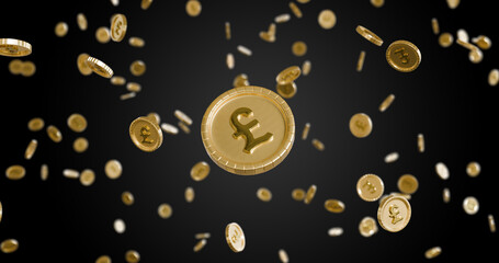 Gold coins with British pound sterling symbol falling down - 3D Render - obrazy, fototapety, plakaty