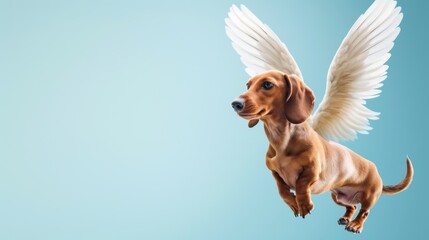 Fototapeta premium A playful image capturing a flying dachshund with outstretched wings mid-flight, against a calming blue backdrop