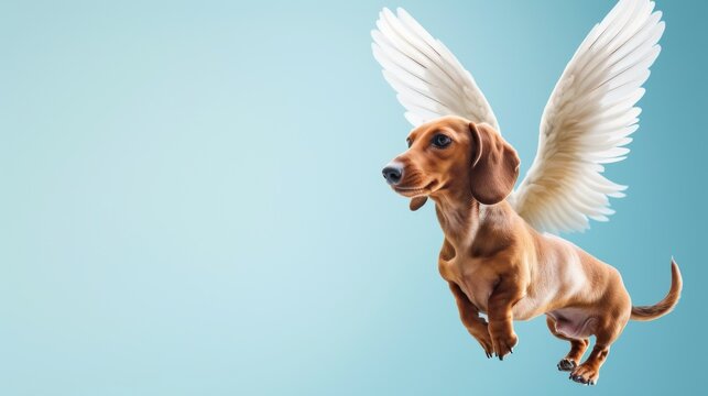 A playful image capturing a flying dachshund with outstretched wings mid-flight, against a calming blue backdrop