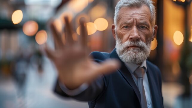 A senior 55-years old businassman stretches out his palm to the camera and says with a "stop" gesture. Social problems disrespect for the older generation, prohibition, refusal, disagreement. The conc