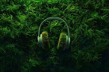 Forest green moss shaped like headphones symbolizing nature sustainability and relaxation through podcast audio or calming music. Concept Nature Inspired Podcasts, Sustainable Living