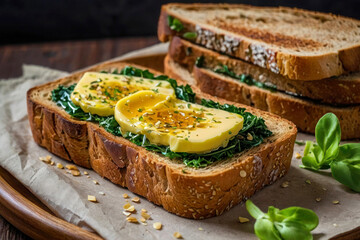 An image of crispy delicious toast with a piece of butter and herbs on a plate. Breakfast advertising photo template. - Powered by Adobe
