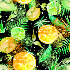 seamless watercolor pattern - hand drawing threads of lemon, Orange, lime  with leaves. Trendy pattern. Painting
Citrus fruits. orange slice, lemon. Branch with citrus fruit. Citrus art background - 768099426