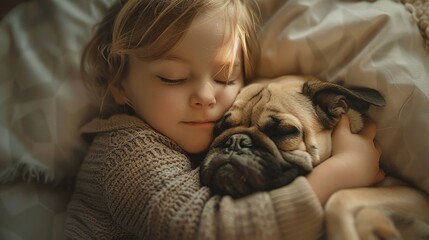 Toddler hugging a sleeping pug, dim morning light, close focus, intimate angle, quiet and tender scene , hyper detailed