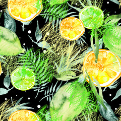 seamless watercolor pattern - hand drawing threads of lemon, Orange, lime  with leaves. Trendy pattern. Painting
Citrus fruits. orange slice, lemon. Branch with citrus fruit. Citrus art background - 768099486