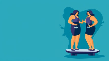 Illustrative concept of two women discussing diet and weight on a balance scale, symbolizing body positivity and the importance of healthy lifestyle conversations
