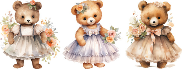 Watercolor clipart with bear wearing a dress flowers
