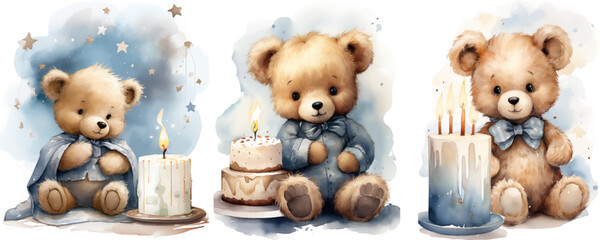 Watercolor bear with wearing a dress flowers, clipart with cake, balloons, blue tone, birthday party
