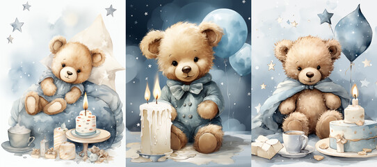 Watercolor wall art prints with bears wearing a dress flowers, clipart with cake, balloons, blue tone, birthday party

