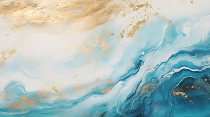 Close-up of the painting. Colorful abstract blue background with golden curls. High texture oil paint. High quality of details. Marbling. Gilding. Marble texture. Paint splash. Colorful liquid - obrazy, fototapety, plakaty