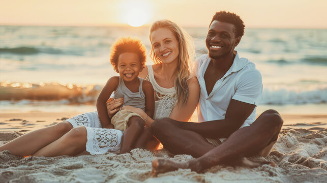 Happy multiracial family having fun on the beach while smiling on camera - African father, caucasian mother and multiracial male child hugging each other during summer vacation - Models by AI