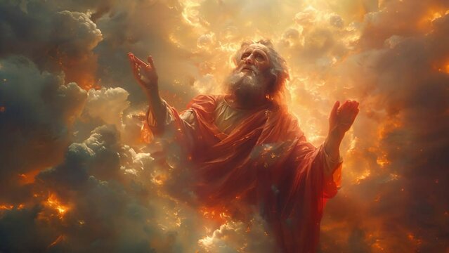 Saint Peter in white clouds of heaven. 4k video of saint Peter in heaven. Gate keeper of god. Keeping the heaven gates in clouds symbol of paradise