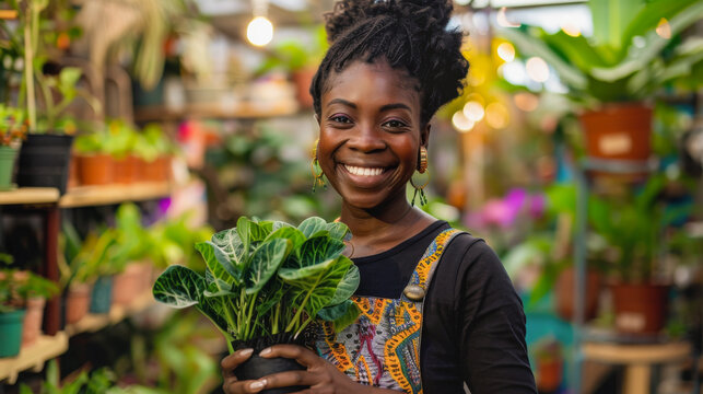 Portrait of happy african woman customer in a decor and plant shop holding a plant - Garden greenhouse concept - Model by AI generative